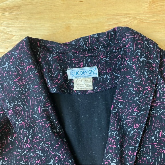 CUE Vintage 1980's Retro Black Pink Print Boxy Cotton Blazer Jacket Size 14 - Picture 5 of 6